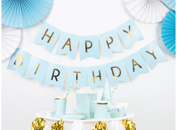 Blokkbanner - "Happy Birthday" - Lys Blå 15x175cm