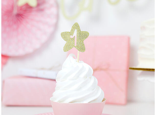Cupcaketopper - Stjerne Første Bursdag Gull - 10cm - 6pk