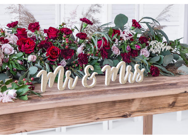 Dekorasjon - "Mr" & "Mrs" - Gull Trevirke - 50x10cm 