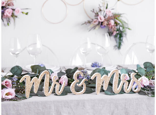 Dekorasjon - "Mr" & "Mrs" - Gull Trevirke - 50x10cm 