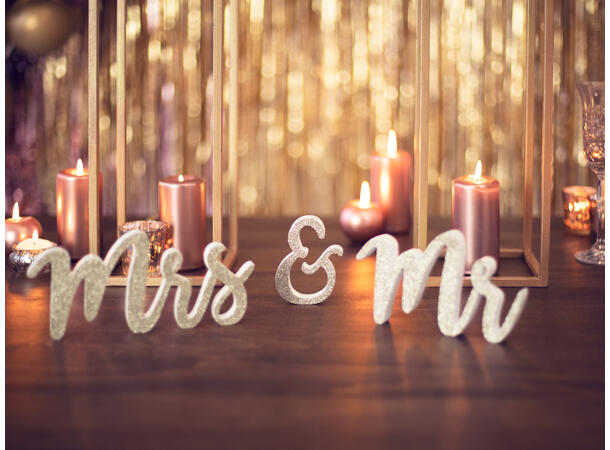 Dekorasjon - "Mr" & "Mrs" - Gull Trevirke - 50x10cm 