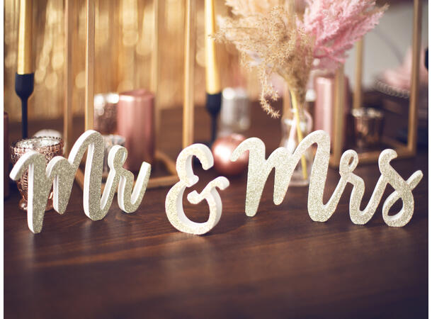 Dekorasjon - "Mr" & "Mrs" - Gull Trevirke - 50x10cm 