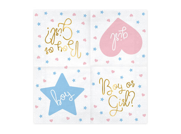 Papirservietter - "Boy or Girl" Hjerter & Stjerner - 33cm - 20pk