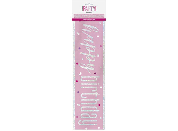 Foliebanner - "Happy Birthday" Rosa & Sølv - 290cm