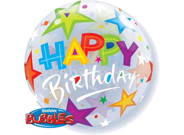 Premium Bubbleballong - "Happy Birthday" Stjerner - 56cm