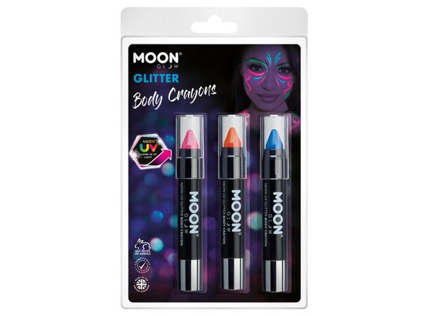 Sminkestift Kropp - Rosa, Oransje & Blå Glitter - Neon UV - 3pk