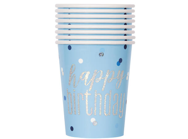 Kopper - "Happy Birthday" - Blå og Sølv 2.5dl - 8pk