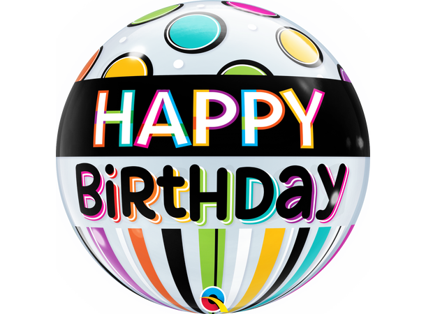 Premium Bubbleballong - "Happy Birthday" Sort og Prikker - 56cm