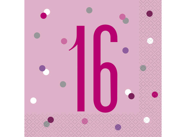 Papirservietter - 16 År - Rosa & Sølv 33cm - 16pk