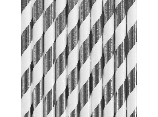 Papirsugerør - Striper - Skinnende Sølv 19.5cm - 10pk