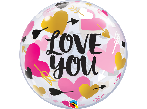 Premium Bubbleballong - "Love You" Hjerter & Piler - 56cm