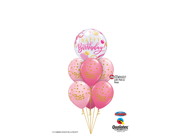 Premium Bubbleballong - "Happy Birthday" Rosa og Gull Prikker - 56cm