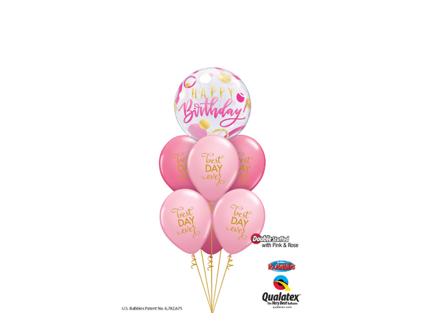 Premium Bubbleballong - "Happy Birthday" Rosa og Gull Prikker - 56cm