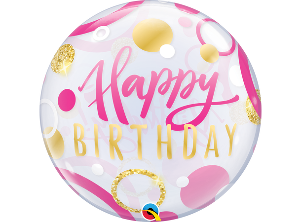 Premium Bubbleballong - "Happy Birthday" Rosa og Gull Prikker - 56cm 