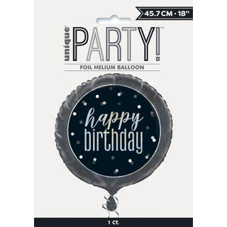 Folieballong - "Happy Birthday" Sort & Sølv - 46cm