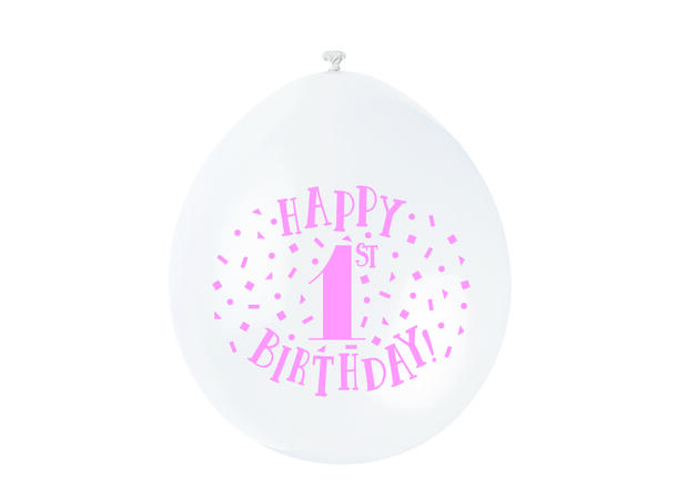 Gummiballonger - Første Bursdag Rosa og Hvit - 25cm - 10pk