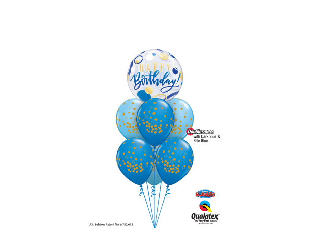 Premium Bubbleballong - "Happy Birthday" Blå og Gull Prikker - 56cm
