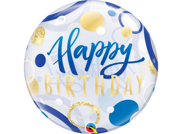 Premium Bubbleballong - "Happy Birthday" Blå og Gull Prikker - 56cm
