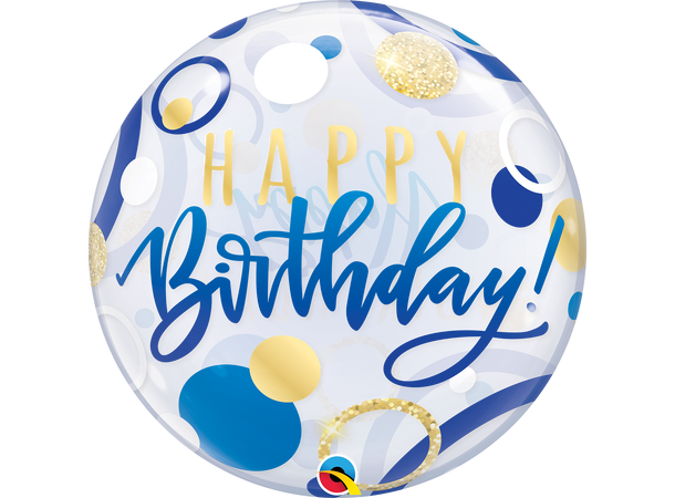 Premium Bubbleballong - "Happy Birthday" Blå og Gull Prikker - 56cm