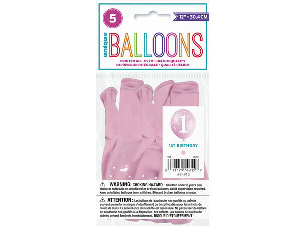 Ballonger - Første Bursdag - Rosa Ruter 30cm - 5pk
