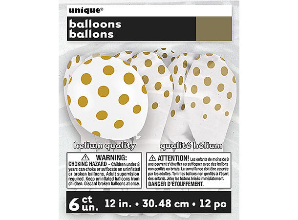 Ballonger med Prikker - Hvit og Gull 30cm - 6pk