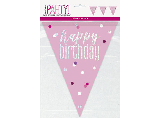 Flaggbanner - "Happy Birthday" Rosa & Sølv - 290cm