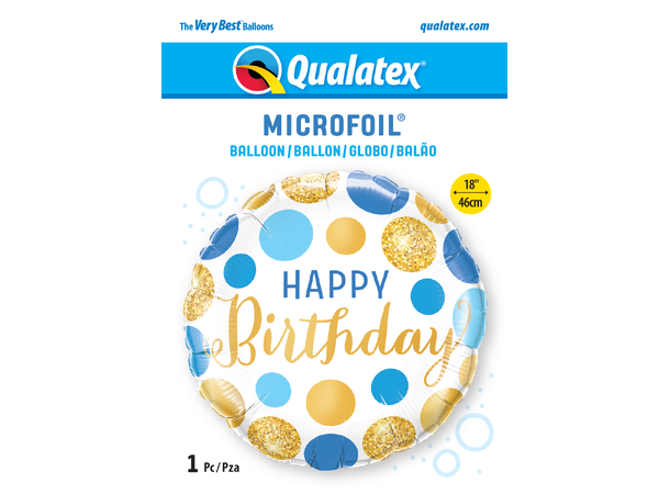 Folieballong - "Happy Birthday" Prikker Gull & Blå - 46cm 