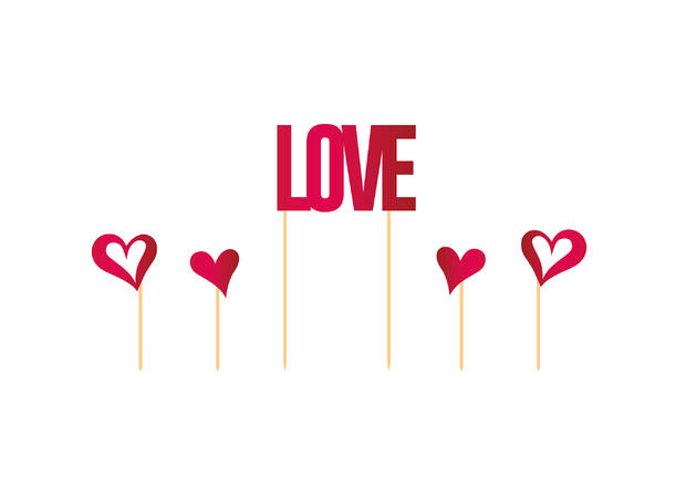 Kaketopper - "LOVE" og Røde hjerter 5 Kakedekorasjoner på pinner - 18x8cm