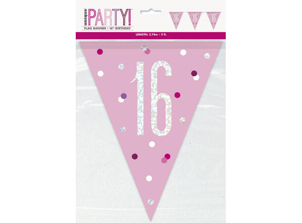 Flaggbanner - 16 År - Rosa & Sølv 290cm