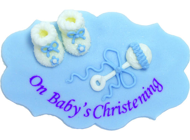 1 On Baby's Christening -blått kakeskilt Håndlaget spiselig kakepynt