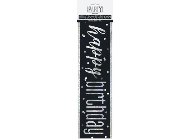 Foliebanner - "Happy Birthday" Sort & Sølv - 290cm
