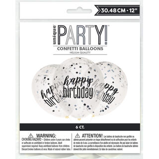 Konfettiballonger - "Happy Birthday" Sort og Sølv - 30cm - 6pk