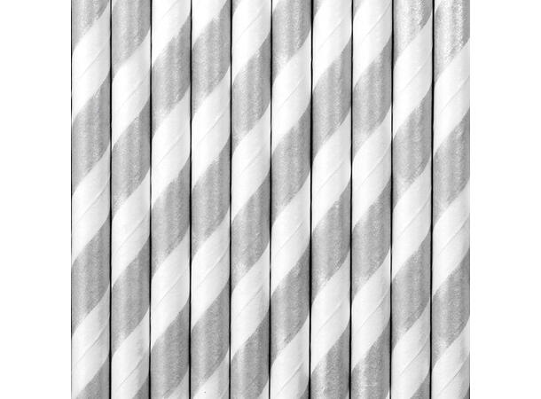 Papirsugerør - Stripete Sølv 19.5cm - 10pk 