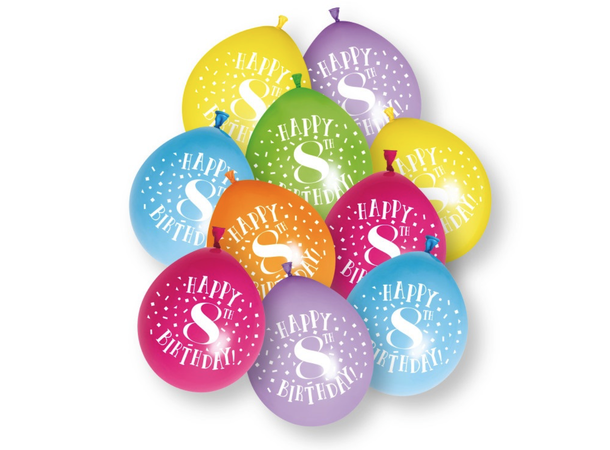Ballonger - 8 År "Happy 8th Birthday" Assortert - 25cm - 10pk