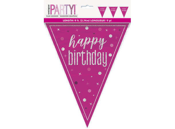 Flaggbanner - "Happy Birthday" Rosa & Sølv - 290cm