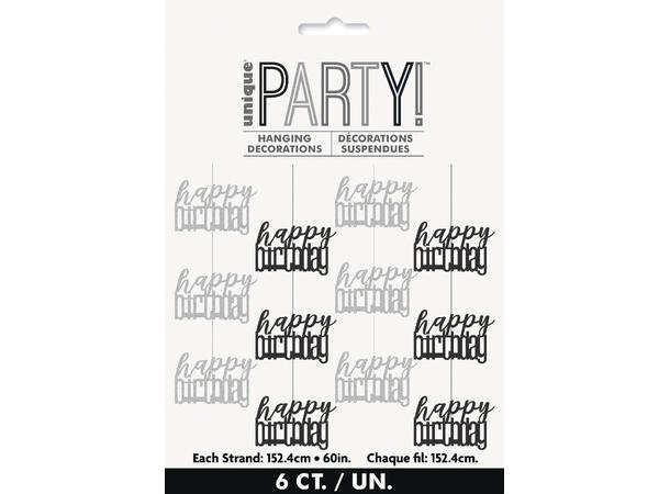 Hengende dekorasjon - "Happy Birthday" Sort & Sølv - 152cm - 6pk