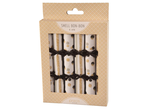 Smell Bon-Bon sort/sølv/gull med glitter 6 stk 15 cm lange, med knall,vits & hatt 