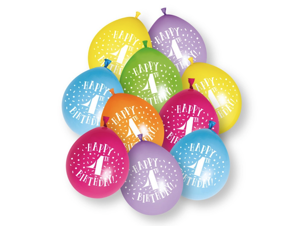 Ballonger - 4 År "Happy 4th Birthday" Assortert - 25cm - 10pk
