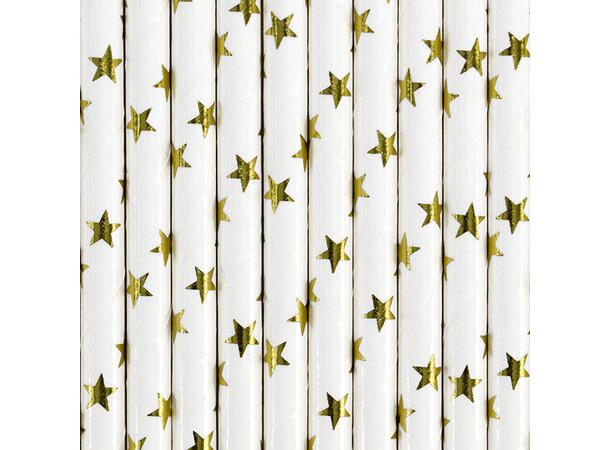 Sugerør -  Hvit med gull stjerner 10 Papirsugerør - 19.5 cm