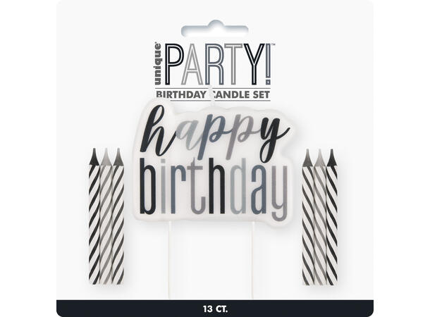 Kakelys - "Happy Birthday" - Sort & Sølv Sett