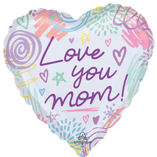 Love You Mom Sweet Scribbles 1 Folieballong - Hjerte - 28" (71cm)