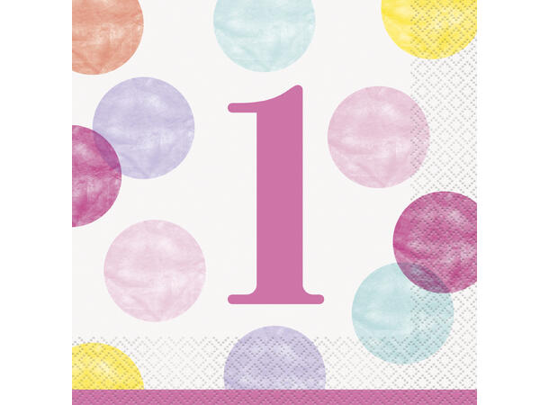 Servietter - Rosa Dots - Første Bursdag 33cm - 16pk