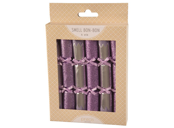 Smell Bon-Bon lys lilla/sølv m/sløyfe 6 stk 15 cm lange, med knall,vits & hatt 