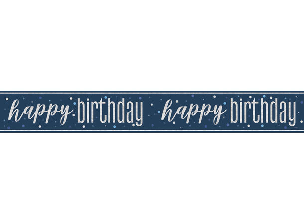 Foliebanner - "Happy Birthday" Blå & Sølv - 290cm