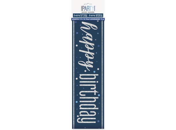 Foliebanner - "Happy Birthday" Blå & Sølv - 290cm