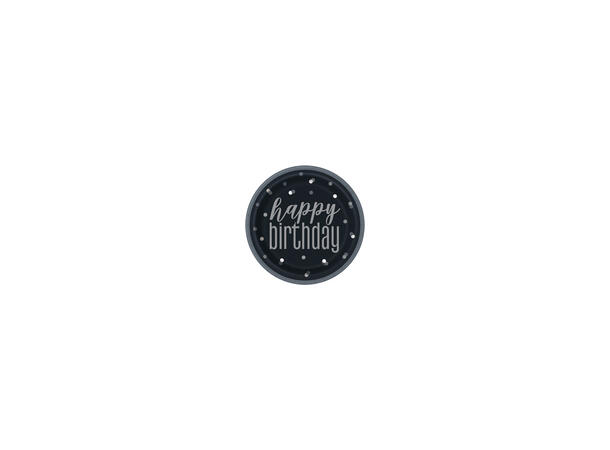 Sort & Sølv Glitz - "Happy Birthday" 8 Plastfrie tallerkener i papp - 23cm