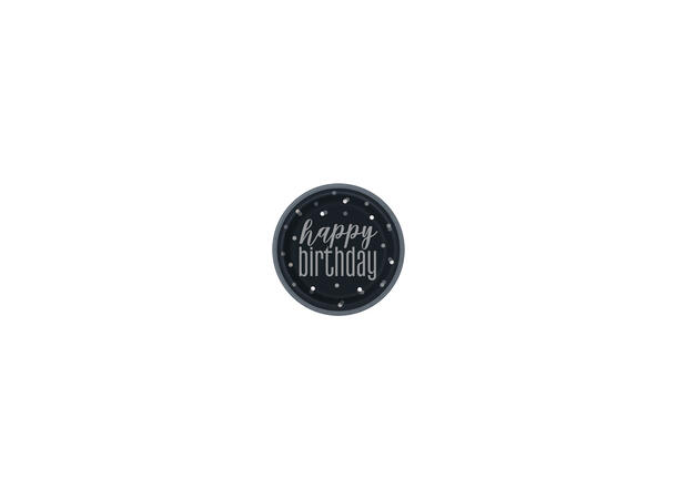 Sort & Sølv Glitz - "Happy Birthday" 8 Plastfrie tallerkener i papp - 23cm