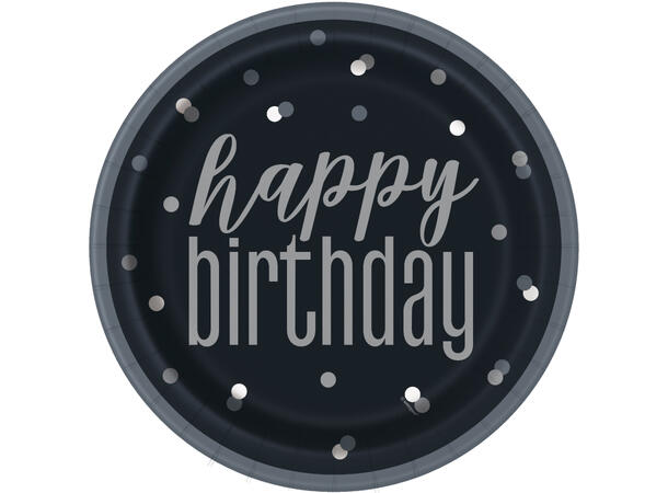 Sort & Sølv Glitz - "Happy Birthday" 8 Plastfrie tallerkener i papp - 23cm