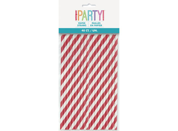 Sugerør - Rubinrøde Striper 40 Papirsugerør - 20cm 