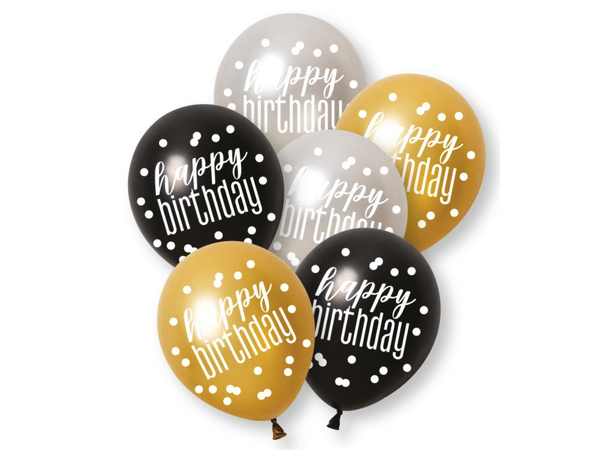 Ballonger - "Happy Birthday" Sort & Sølv - 30cm - 6pk